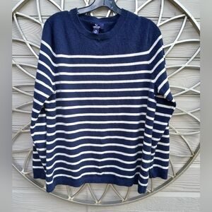 Lands End Cashmere Navy and White Striped Crewneck Sweater
